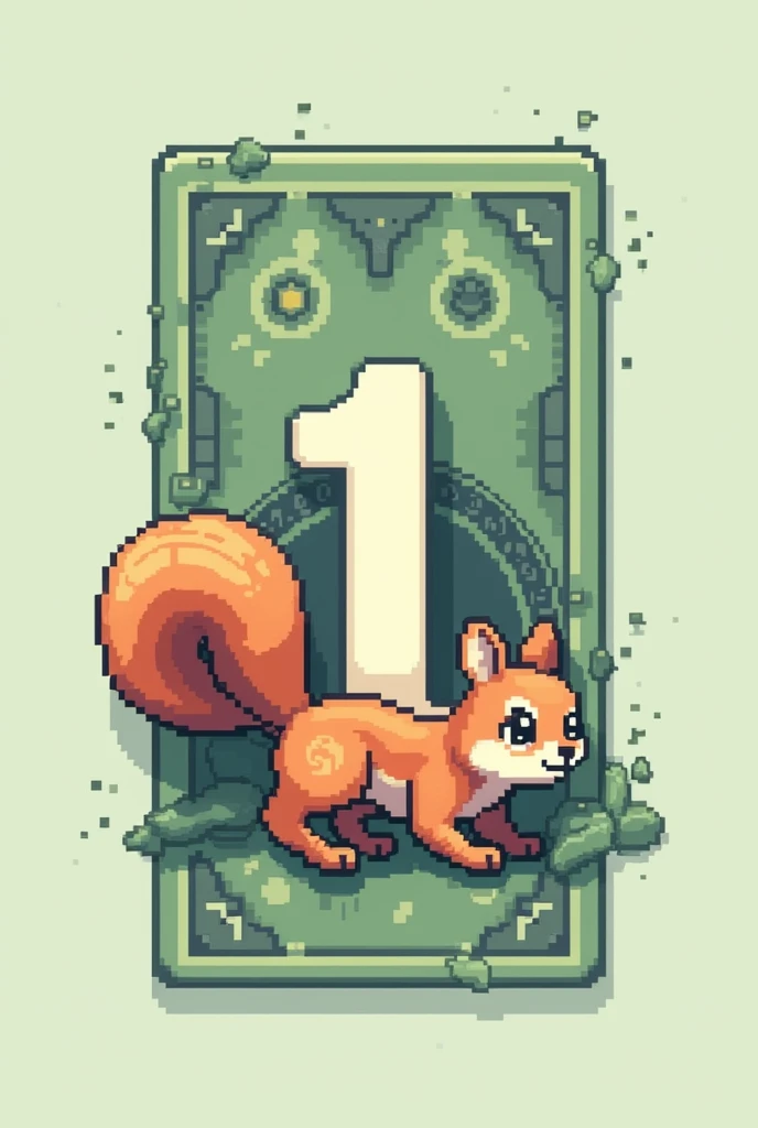 a grayish green bill, with a big number 1, pixelart, with a drawn squirrel