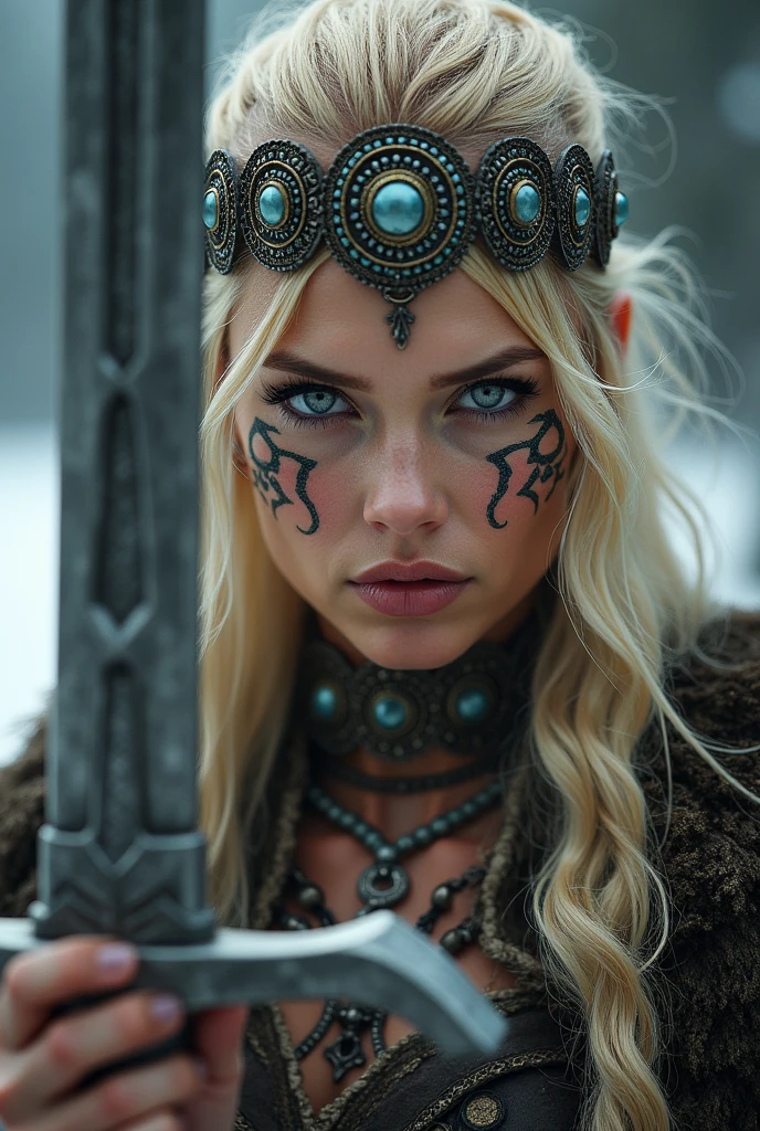 Nordic warrior close-up , viking sword in hand, blonder woman, blue eyes big queen crown on head , necklace around the neck,  tattooed face, with hate, eye makeup