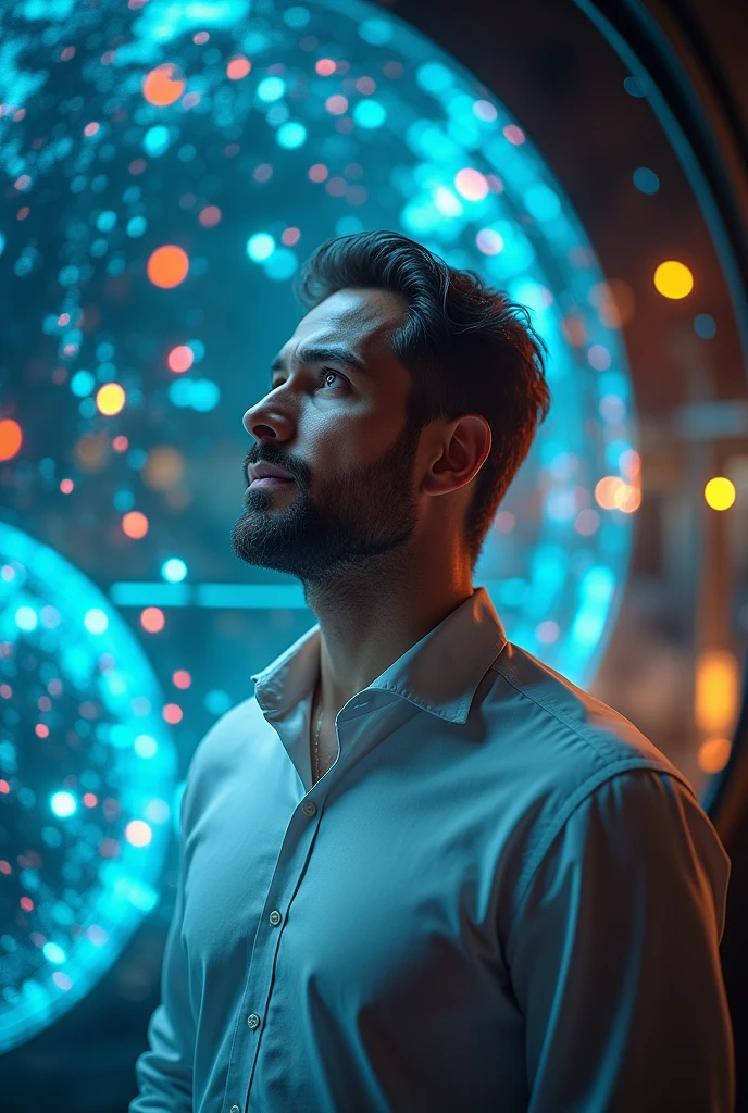 photo of a human male dressed, of confident expression, kind and wise, is between digital symbols. In the photo , in which it appears from the front and only from the torso to the head, It offers me a futuristic digital interface that is like a luminous globe that emanates digital symbols.