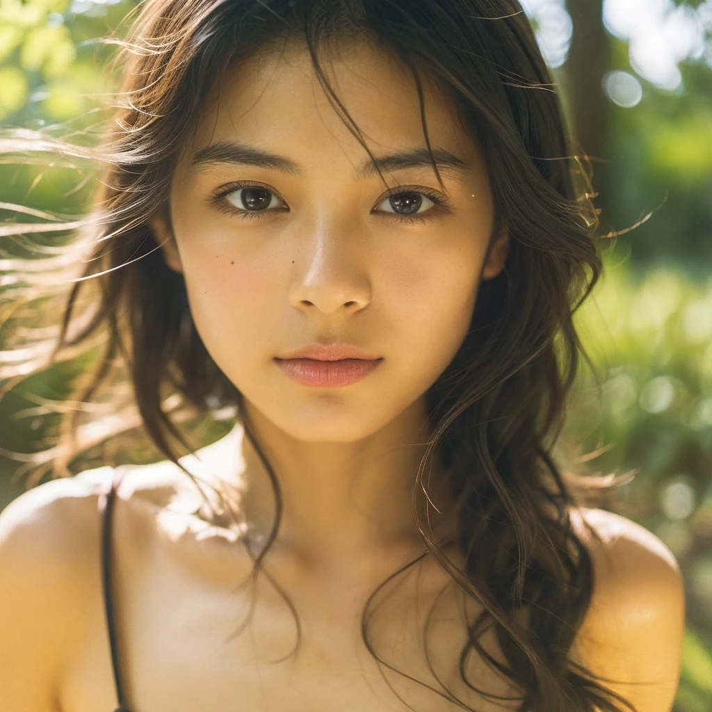 A hyper-realistic close-up image of a single Japanese woman in her early 20s, captured with the nostalgic warmth and subtle graininess of a film camera, focusing on her face and shoulders. Her skin has a warm beige tone with a natural, slightly rough texture that includes visible pores, fine lines, and subtle imperfections such as small blemishes, adding to the authenticity of her appearance. The soft, diffused natural light typical of a sunny summer day casts gentle, warm shadows on her face, enhancing the film-like quality while maintaining the realistic texture of her skin. Her straight, glossy black hair is slightly tousled by a gentle summer breeze, framing her face naturally. She is wearing a light, summery outfit, perhaps with straps visible at the shoulders, that complements her natural beauty and suits the warm weather. The film camera effect introduces a slight grain and a softer focus, giving the image a warm, nostalgic atmosphere while preserving the realism of her skin and features. The overall composition captures the serene and effortless elegance of a summer day, with the focus on the realistic texture of her skin and the timeless quality of the film camera aesthetic.