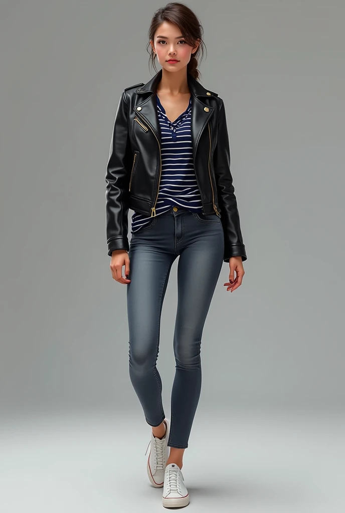 I would like you to create an outfit for a woman in which she has a black leather jacket with a navy blue shirt with horizontal white stripes., some greyish blue jeans and some white shoes