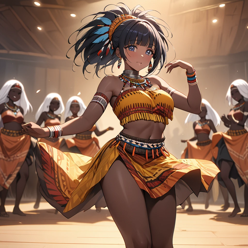 ((Highest quality)), ((masterpiece)), (detailed), (Perfect Face)、The woman is Reika Aoki, a native dancer from Ghana, Africa, with medium-long hair.、A woman is dancing an African native tribal dance wearing an African Ghana native tribal dance costume