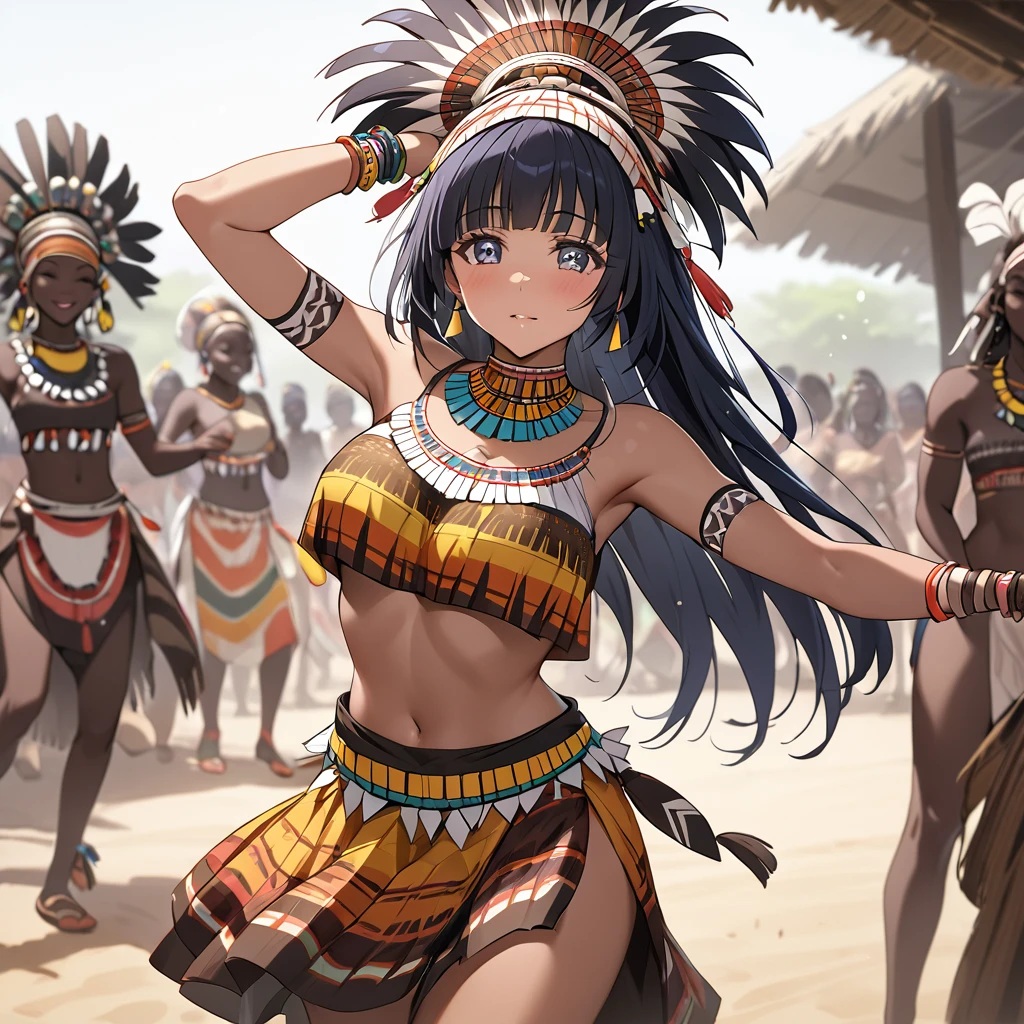 ((Highest quality)), ((masterpiece)), (detailed), (Perfect Face)、The woman is Reika Aoki, a native dancer from Ghana, Africa, with medium-long hair.、A woman is dancing an African native tribal dance wearing an African Ghana native tribal dance costume