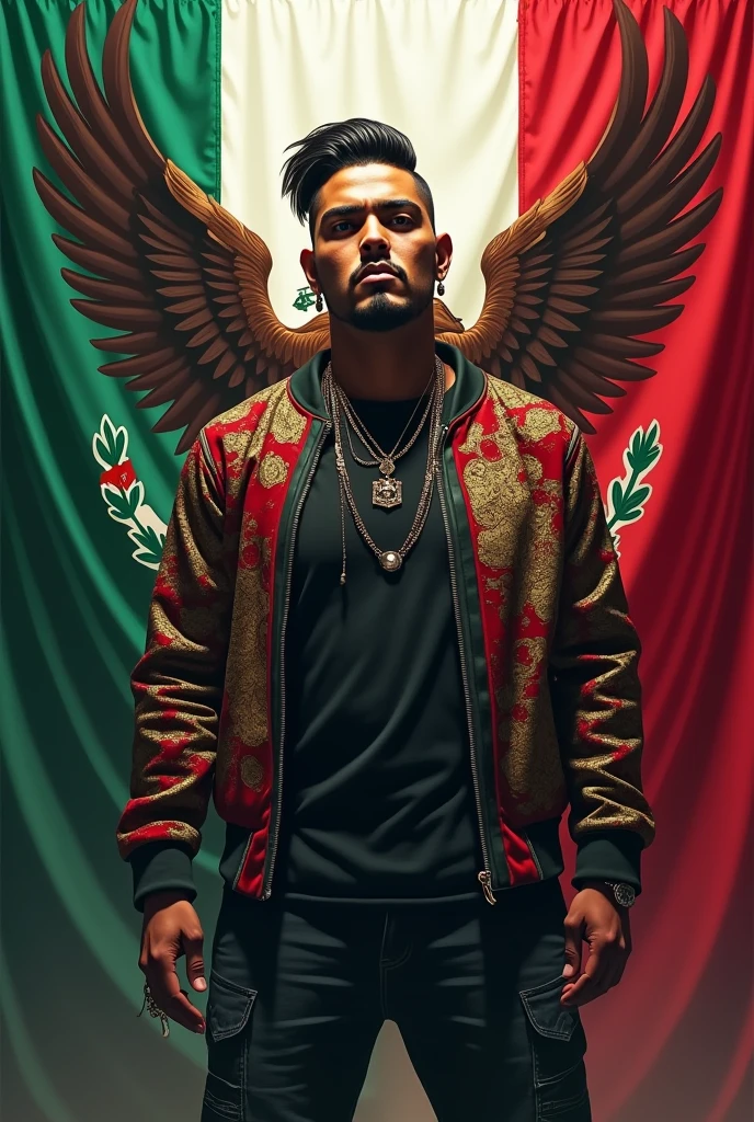 Image of the rapper from San Luis Rio Colorado Lefty SM with the Mexican flag and the eagle in the background