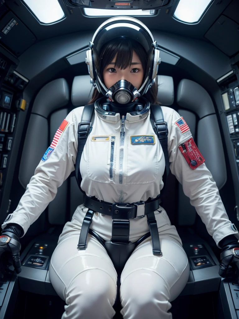 masterpiece, Highest quality, Very detailed, Japanese Android girl, Beautiful 2 Japanese woman, Plump,Slightly thicker,Control panel,Android,cyborg,Blunt bangs,Sitting in the cockpit of a spaceship and piloting it,astronaut,Thick harness belt,Full-face helmet,Gas mask with tubes,A tube is connected to the crotch