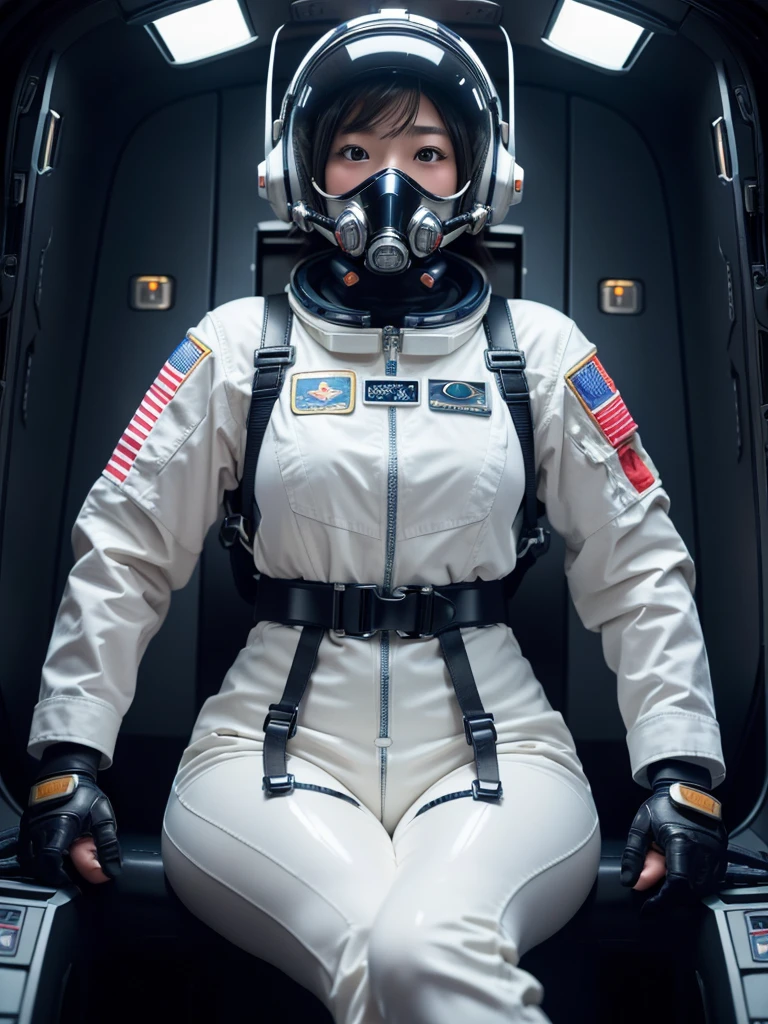 masterpiece, Highest quality, Very detailed, Japanese Android girl, Beautiful 2 Japanese woman, Plump,Slightly thicker,Control panel,Android,cyborg,Blunt bangs,Sitting in the cockpit of a spaceship and piloting it,astronaut,Thick harness belt,Full-face helmet,Gas mask with tubes,A tube is connected to the crotch