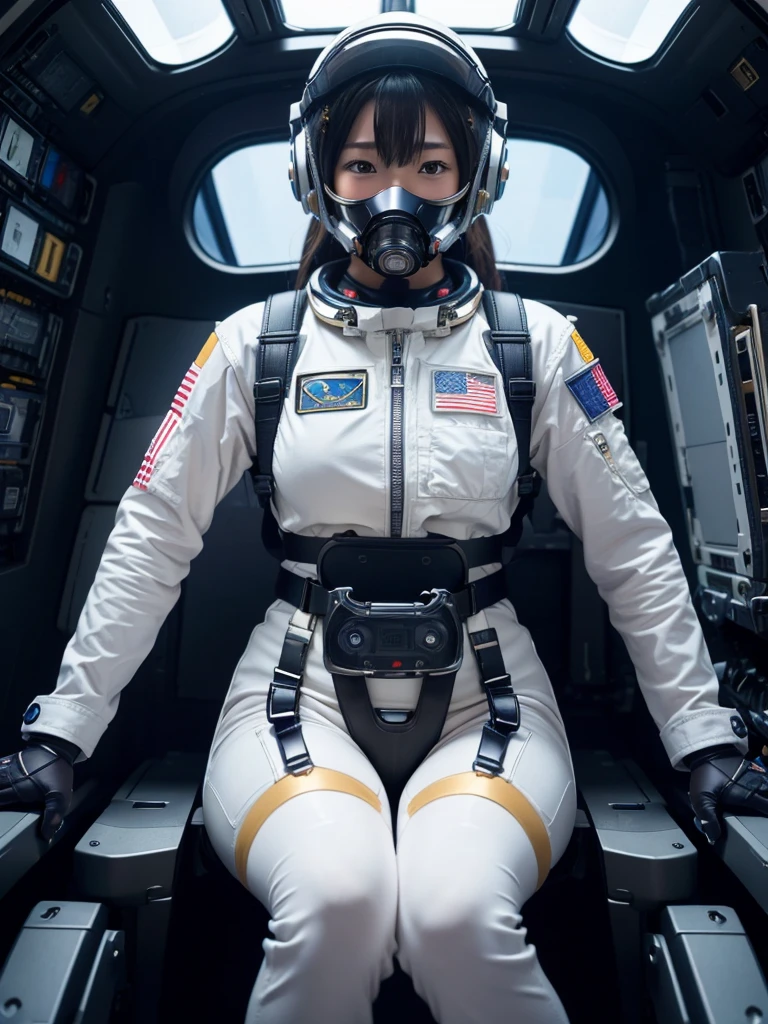 masterpiece, Highest quality, Very detailed, Japanese Android girl, Beautiful 2 Japanese woman, Plump,Slightly thicker,Control panel,Android,cyborg,Blunt bangs,Sitting in the cockpit of a spaceship and piloting it,astronaut,Thick harness belt,Full-face helmet,Gas mask with tubes,A tube is connected to the crotch