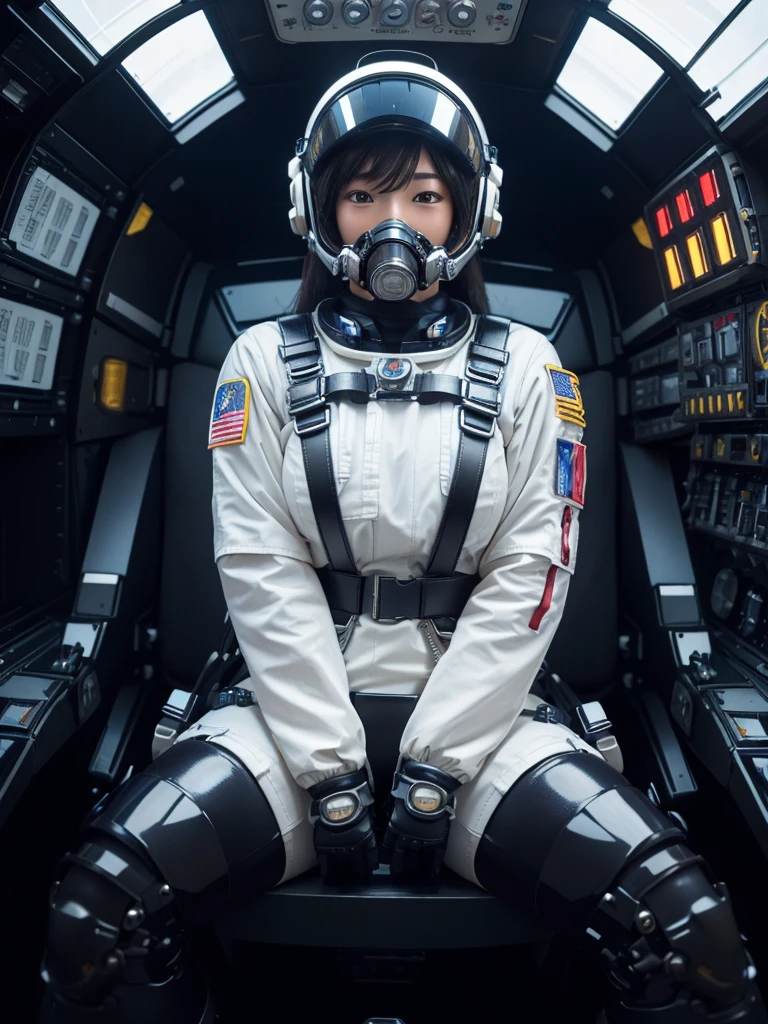 masterpiece, Highest quality, Very detailed, Japanese Android girl, Beautiful 2 Japanese woman, Plump,Slightly thicker,Control panel,Android,cyborg,Blunt bangs,Sitting in the cockpit of a spaceship and piloting it,astronaut,Thick harness belt,Full-face helmet,Gas mask with tubes,A tube is connected to the crotch
