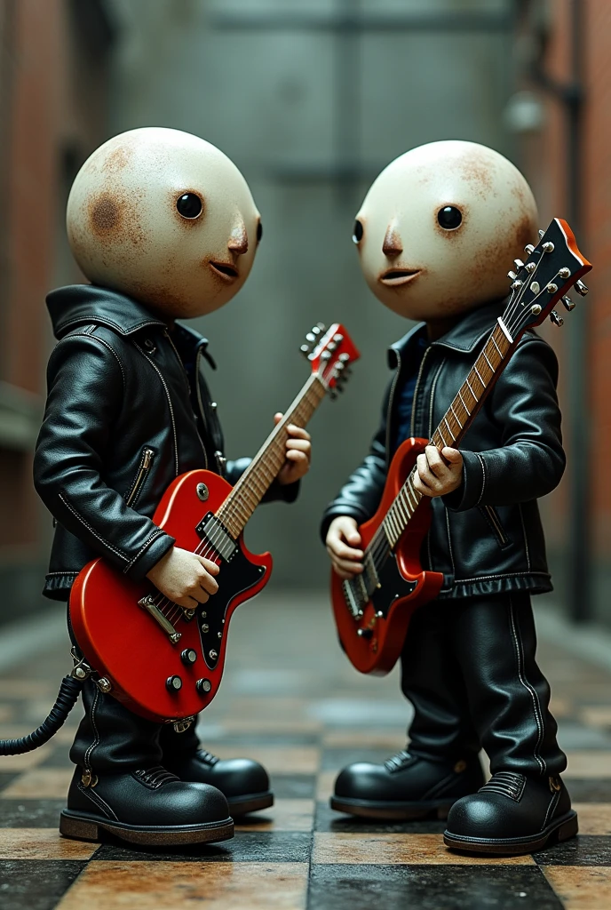 Create two characters that are chess pawns with leather jackets and holding an electric guitar. The head should be similar to a real chess pawn.