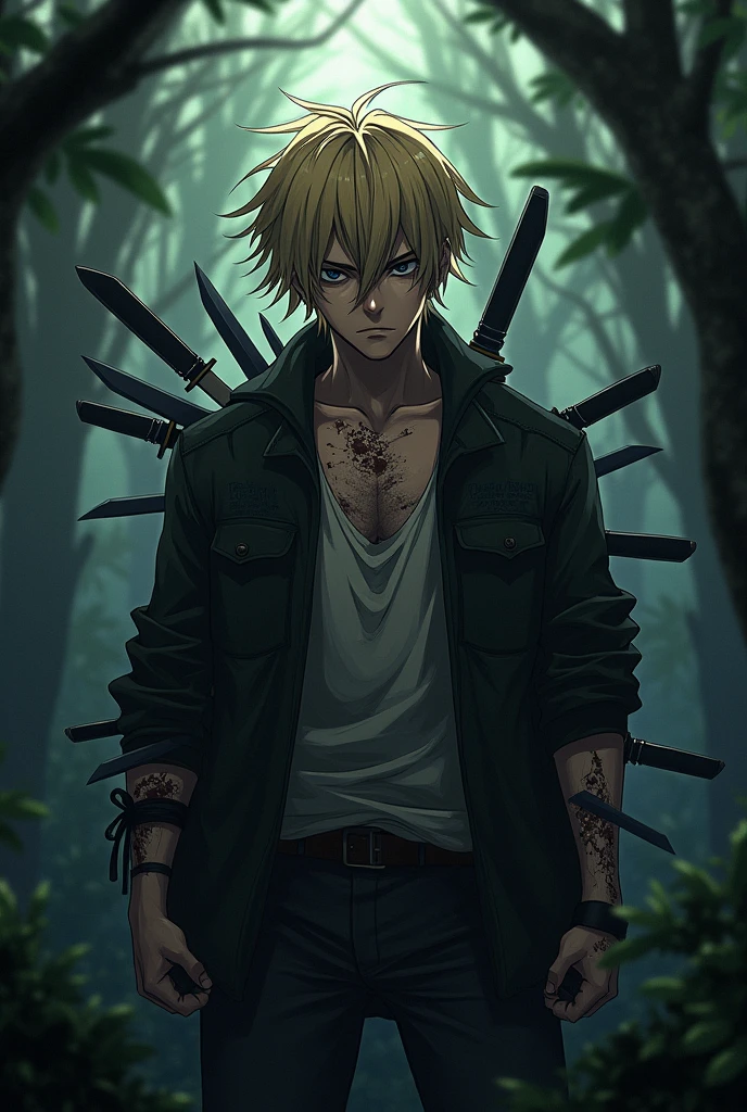 The image is anime style cowboy bebop and Darker than black with shadows and dim lights, anime style although somewhat adult and dark, It shows a 20-year-old man with many scars on his face.. Blonde Black Eyes in the middle of a forest. From his body come out, swords emerge, knives and pocket knives. He shows himself to be aggressive.