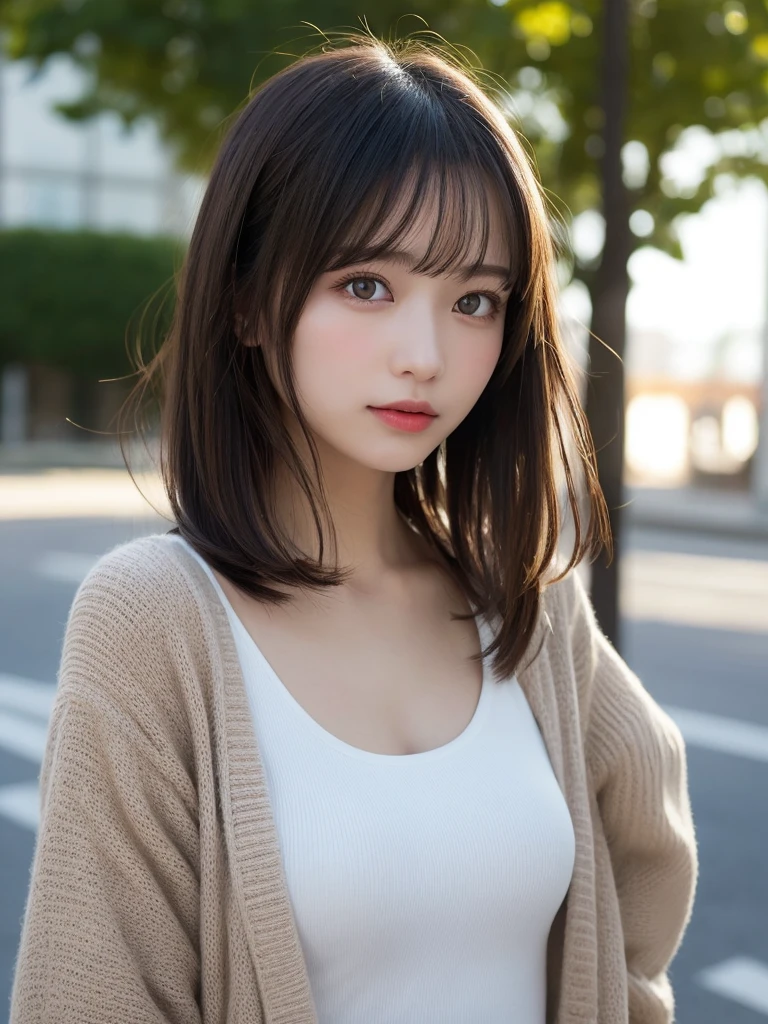 Detailed details,、hight resolution、hightquality、Perfect dynamic composition、Beautiful detailed eyes、short-hair、Small breasts、Natural Color Lip、Kamimei、Shibuya、20 years girl、1 persons、Transparent skin、Glowing hair、masutepiece、Best Quality、finely detail、hight resolution、8K、The correct state of the human body、randome pose、Gravure Model Pose、Cardigan、Hair soaring in the wind、