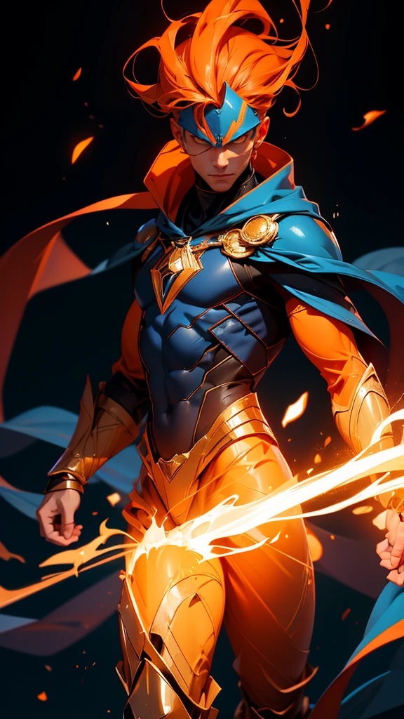 envision a 8k, highres, cinematic full body design sheet of a man floating using magic with a slender skinny body, no facial hair with sleek orange hair, and orange eyes wearing golden armor and tight dark blue super suit, grand wizard, magic effects against a dark gray background