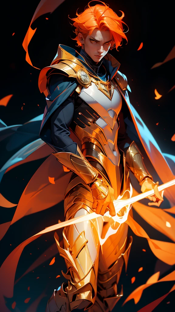 envision a 8k, highres, cinematic full body design sheet of a man floating using magic with a slender skinny body, no facial hair with sleek orange hair, and orange eyes wearing golden armor and tight dark blue super suit, grand wizard, magic effects against a dark gray background