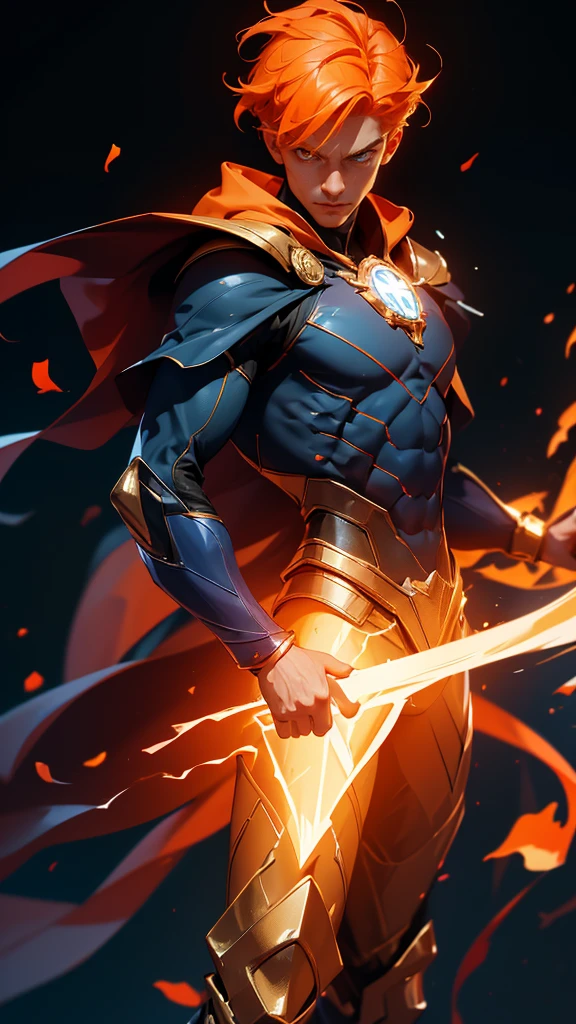 envision a 8k, highres, cinematic full body design sheet of a man floating using magic with a slender skinny body, no facial hair with sleek orange hair, and orange eyes wearing golden armor and tight dark blue super suit, grand wizard, magic effects against a dark gray background