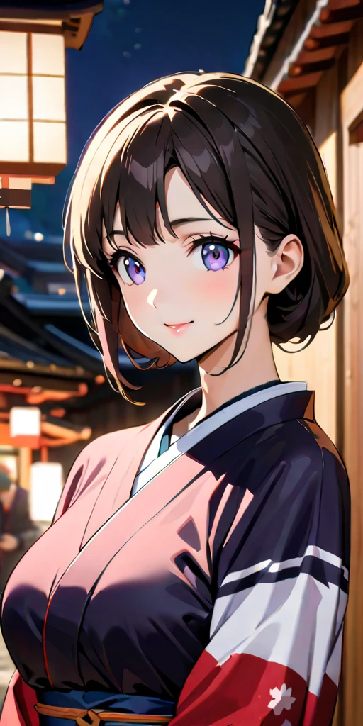 ((Highest quality、masterpiece、anime style、best quality、high resolution、8k、detailed、ultra-detailed:1.3))、Long legs:1.2, Beautiful woman with perfect figure:1.4、(Smiling:1.2), double eyelid、30-year-old female、((((One Woman,beautiful face,Beautiful face、Japanes,Japan、Kyoto、kimono、 night,upper body:1.5)))),Big Breasts、High resolution, accurate, Anatomically correct, Winner of numerous awards, High-resolution model, high quality, Very detailed, Ultra high definition, Textured skin