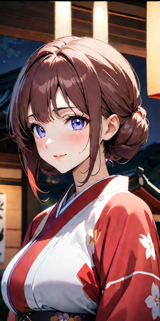 ((Highest quality、masterpiece、anime style、best quality、high resolution、8k、detailed、ultra-detailed:1.3))、Long legs:1.2, Beautiful woman with perfect figure:1.4、(Smiling:1.2), double eyelid、30-year-old female、((((One Woman,beautiful face,Beautiful face、Japanes,Japan、Kyoto、kimono、 night,upper body:1.5)))),Big Breasts、High resolution, accurate, Anatomically correct, Winner of numerous awards, High-resolution model, high quality, Very detailed, Ultra high definition, Textured skin