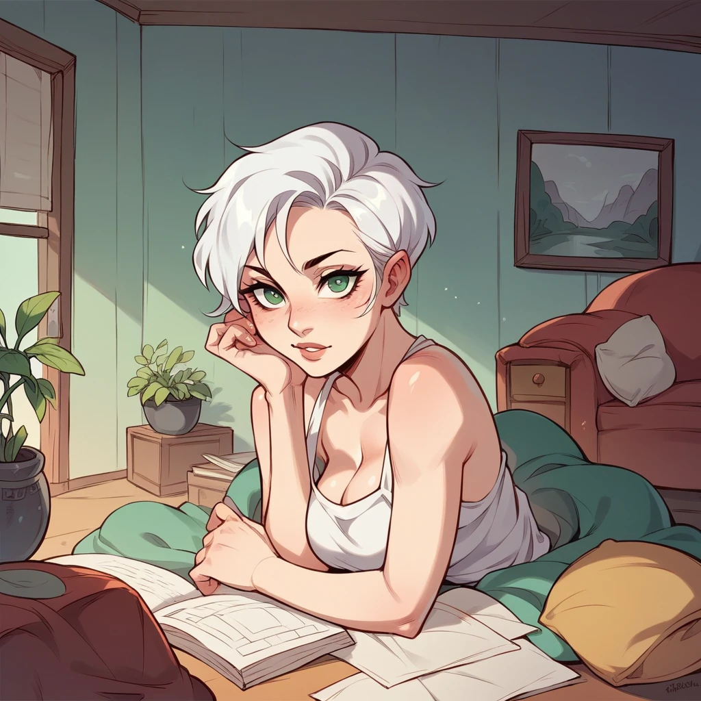a robotic MILF (in her 40s) stares blankly at you as she cleans the living room of your house. she has short white hair and green eyes.