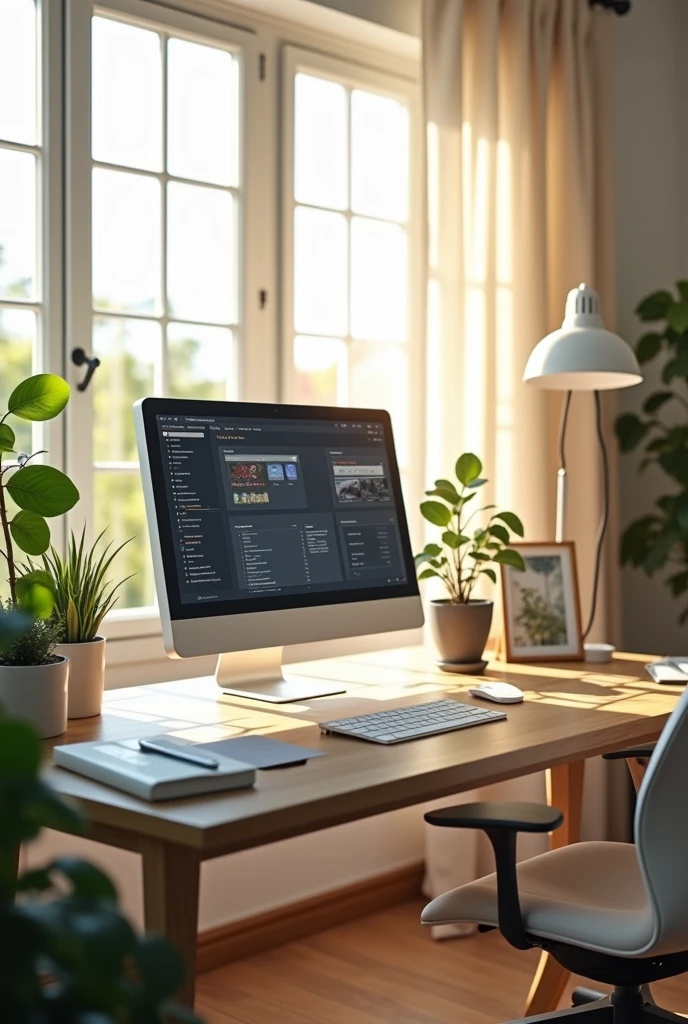 Room with computer on during the day without a person