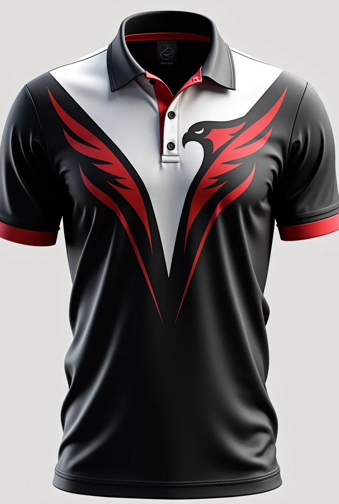 Create a sports polo shirt with a Falcon logo and make the polo shirt have a particular design and be black and white and combine with colors that give it a spectacular contrast..