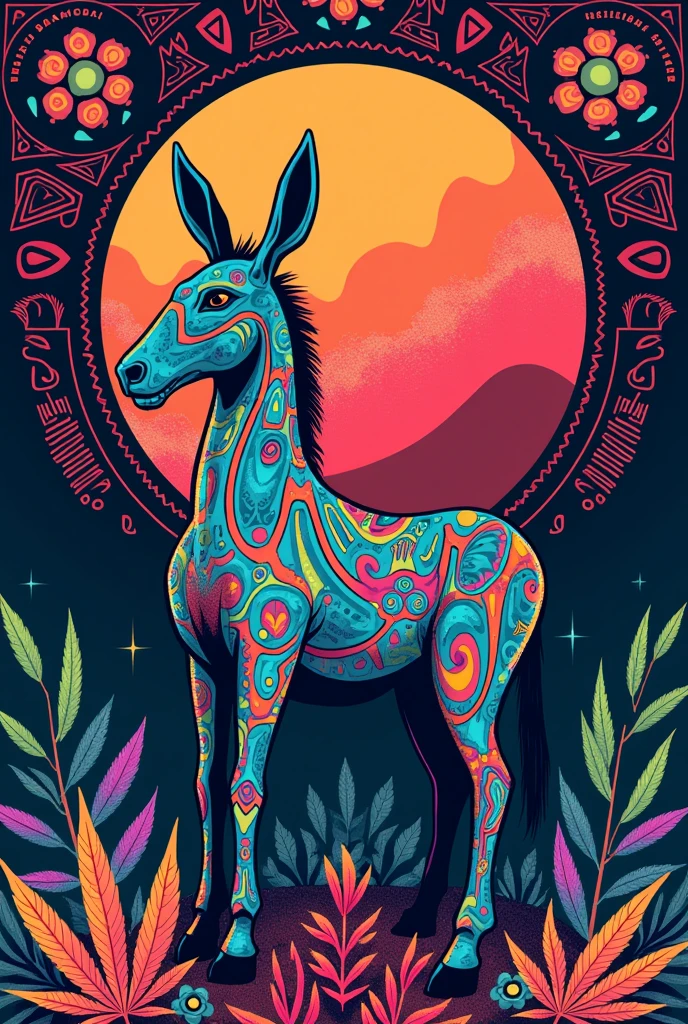 Create a psychedelic beer label for 'Mula Terca,' a Colombian cannabis-infused craft beer. Use vibrant colors and ancestral Colombian symbols like Zenú and Tairona patterns, with a stylized mule as the focus. The design should convey connection, unity, and cultural heritage.