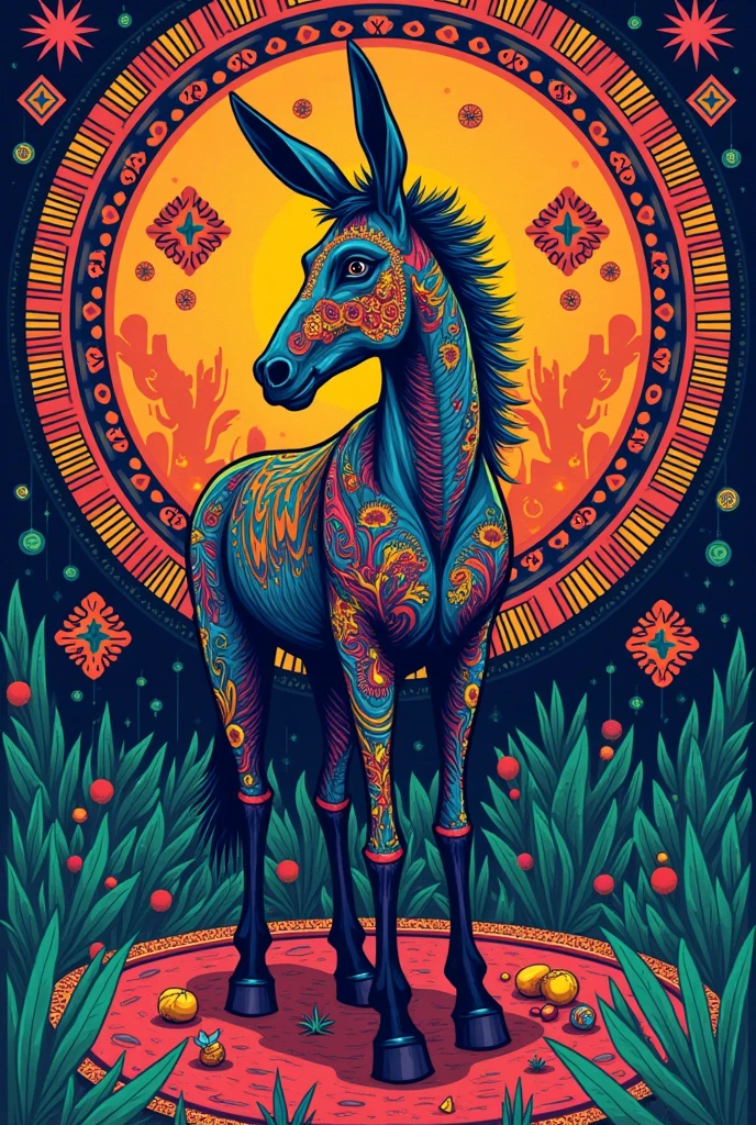 Create a psychedelic beer label for 'Mula Terca,' a Colombian cannabis-infused craft beer. Use vibrant colors and ancestral Colombian symbols like Zenú and Tairona patterns, with a stylized mule as the focus. The design should convey connection, unity, and cultural heritage.