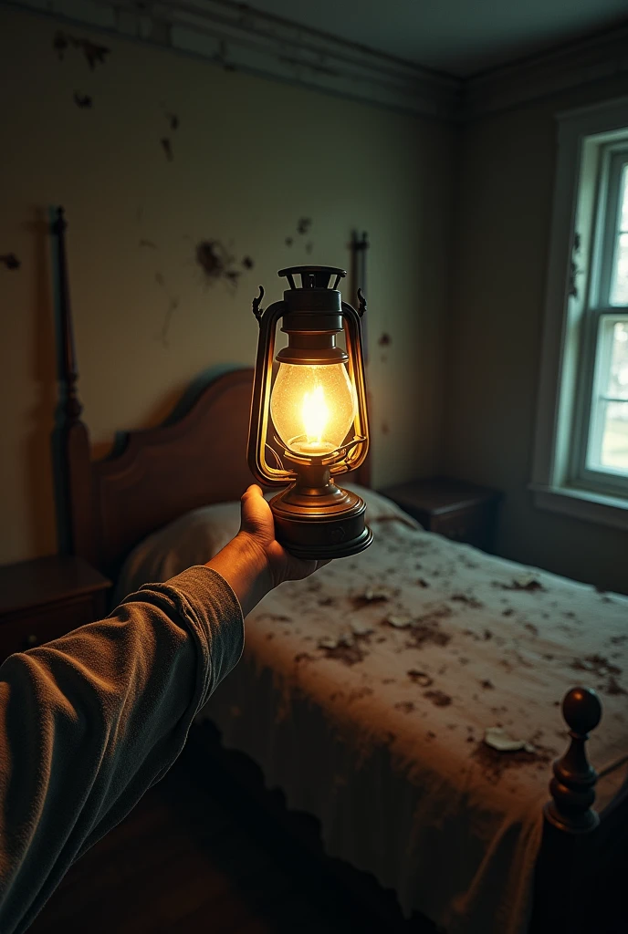 abandoned mansion, FIRST PERSON POINT of an arm holding a lamp, room with a bed 