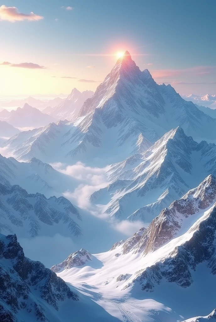 Film art, conceptual artwork, work of art, wide angle perspective, S-shaped composition, an image of the mountain landscape from near to far in a cinematic vision, with distinct levels, clear high and low, distant sunset on top of a snowy mountain, HD texture, snowy mountains in distant layers, white clouds,