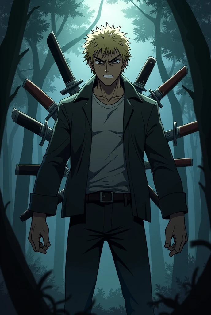 The image is anime style cowboy bebop and Darker than black with shadows and dim lights, anime style although somewhat adult and dark, It shows a 20-year-old man with many scars on his face.. Blonde Black Eyes. He is standing in the middle of a dark forest. From his body come out, swords emerge, knives and pocket knives. He shows himself to be aggressive.