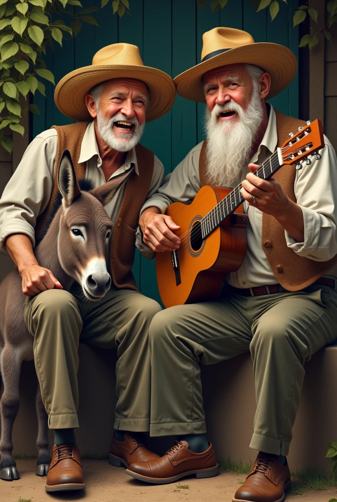 2 elderly gentlemen ,with different characteristics,one singing and the other playing the guitar,wearing straw hat, a donkey next to, realistic style image !