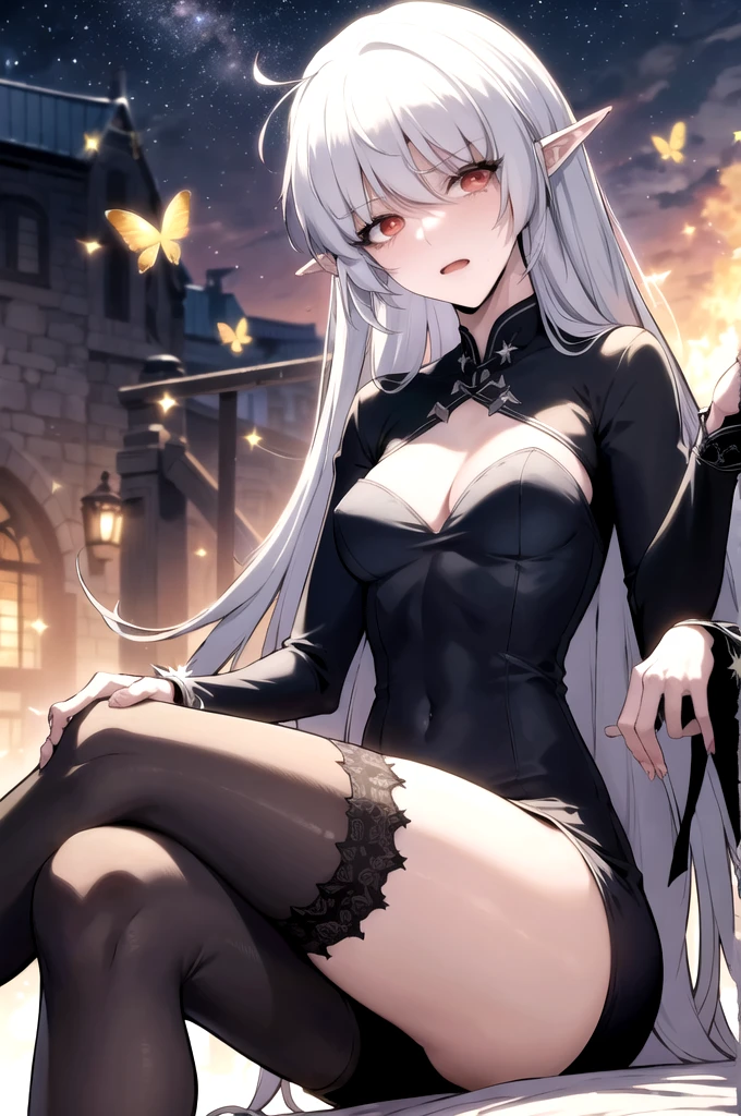 best quality, (masterpiece:1.2), detailed,
alice,
grin,
grey hair, long hair, red eyes, pointy ears, small breasts,
Revealing clothes, cleavage cutout, long sleeves, thighhighs, thigh strip,
sitting, crossed legs, head tilt, looking at the viewer,
castle, night, fireflies, starry sky, personality: ((Horny, Thirsty for loves, lustful, seductive, easily blushes))