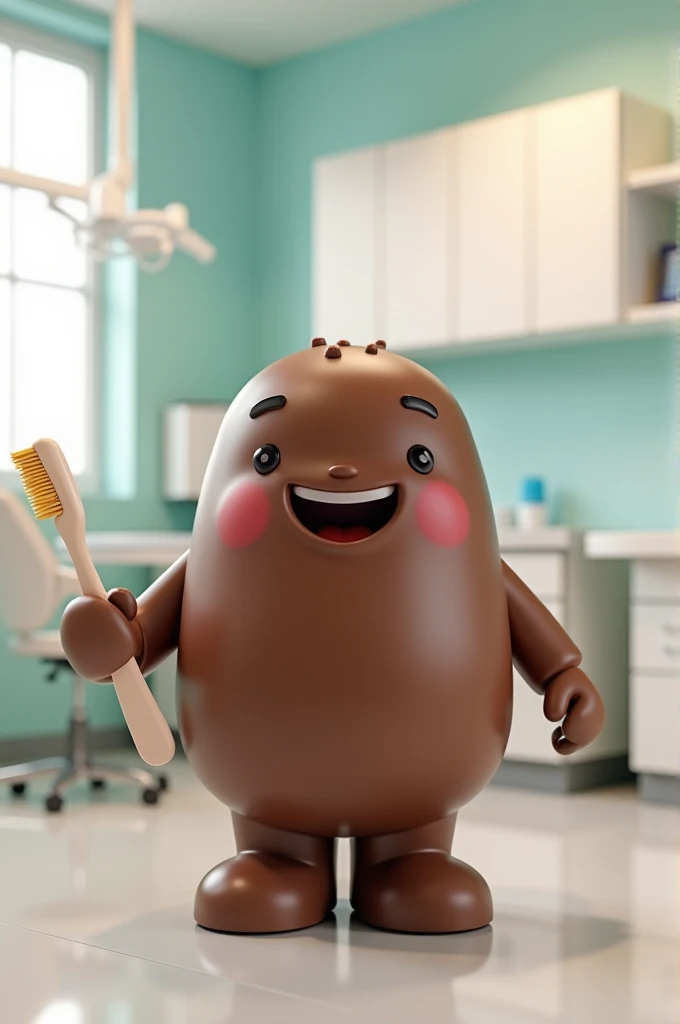 Create a 3D image of a smiling chocolate doll , holding a toothbrush and being in a dental office