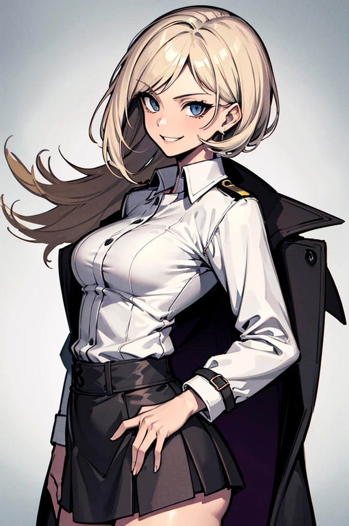 (absurdres, 8k, 4k, masterpiece, hyper extreme detailed:1.2), solo, 1girl, front view, perfect anatomy, perfect face, 1girl, portrait, expressive eyes, solo, standing, Female, toned body, mature female, medium breasts, pale, platinum blonde hair, medium hair, dark blue eyes, swept bangs, athletic body, Dark Brown Skirt, White Shirt, Tan Trench Coat, German, Military, confident, scars, purple ribbon, messy hair, confident, smirk, smile, happy, heroic, half body, perfect anatomy, hand on hip,