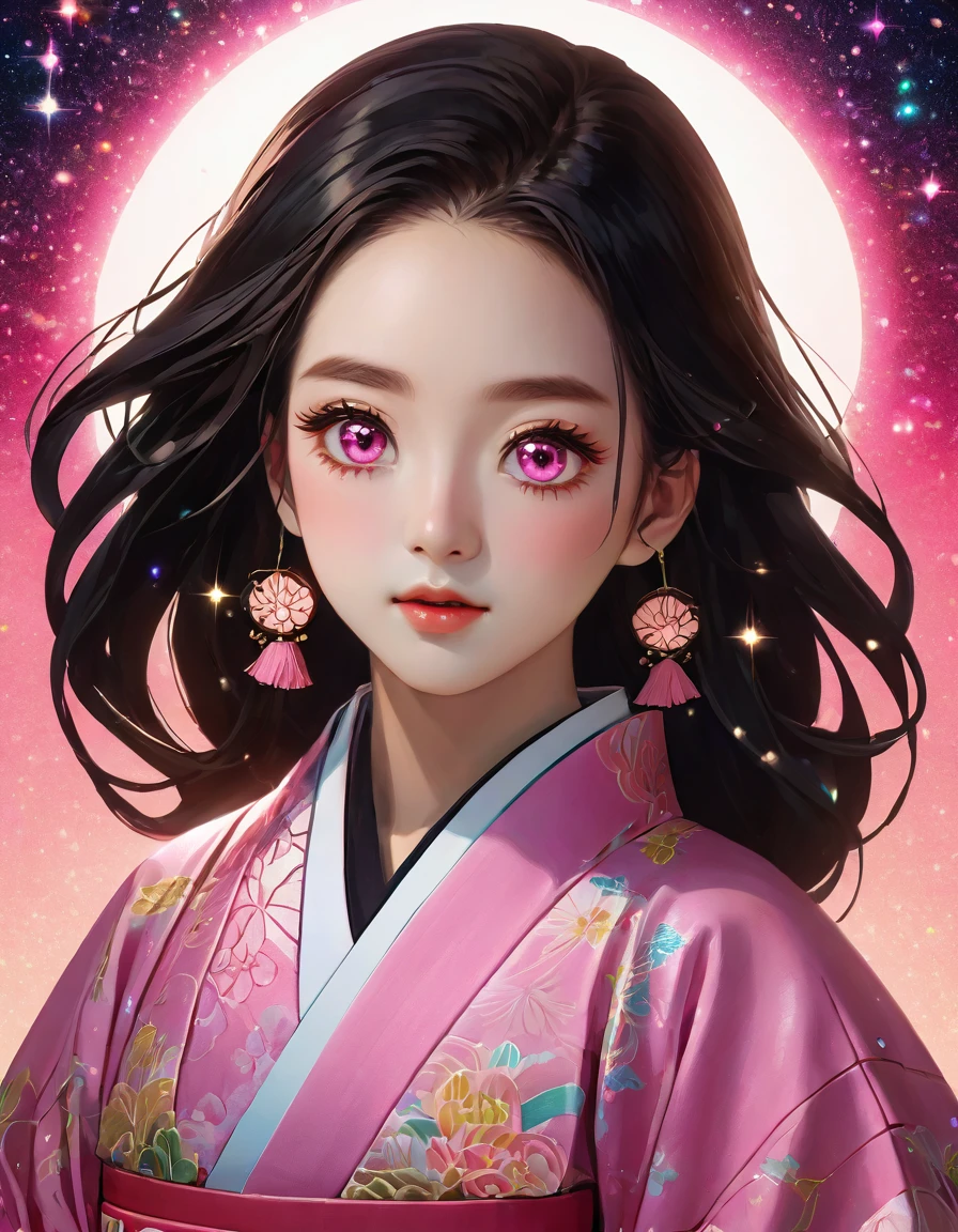 (masterpiece, best quality:1.2), Embossed paper, Solitary，Black LightNezuko from demon slayer. a young woman with long dark hair, (pink eyes), beautiful detailed eyes, beautiful detailed lips, extremely detailed face, longeyelashes, wearing a pink kimono, (best quality,4k,8k,highres,masterpiece:1.2),ultra-detailed,(realistic,photorealistic,photo-realistic:1.37),digital painting,exquisite detail,intricate details,highly detailed,vivid colors,warm lighting,cinematic lighting,dramatic lighting, iridescence, dramatic angle, space, (floating colorful sparkles:1.3), Dramatic Lighting, Chiaroscuro, Evocative Depth, Face Portrait, Close up, ulzzang, (looking at viewer), 
