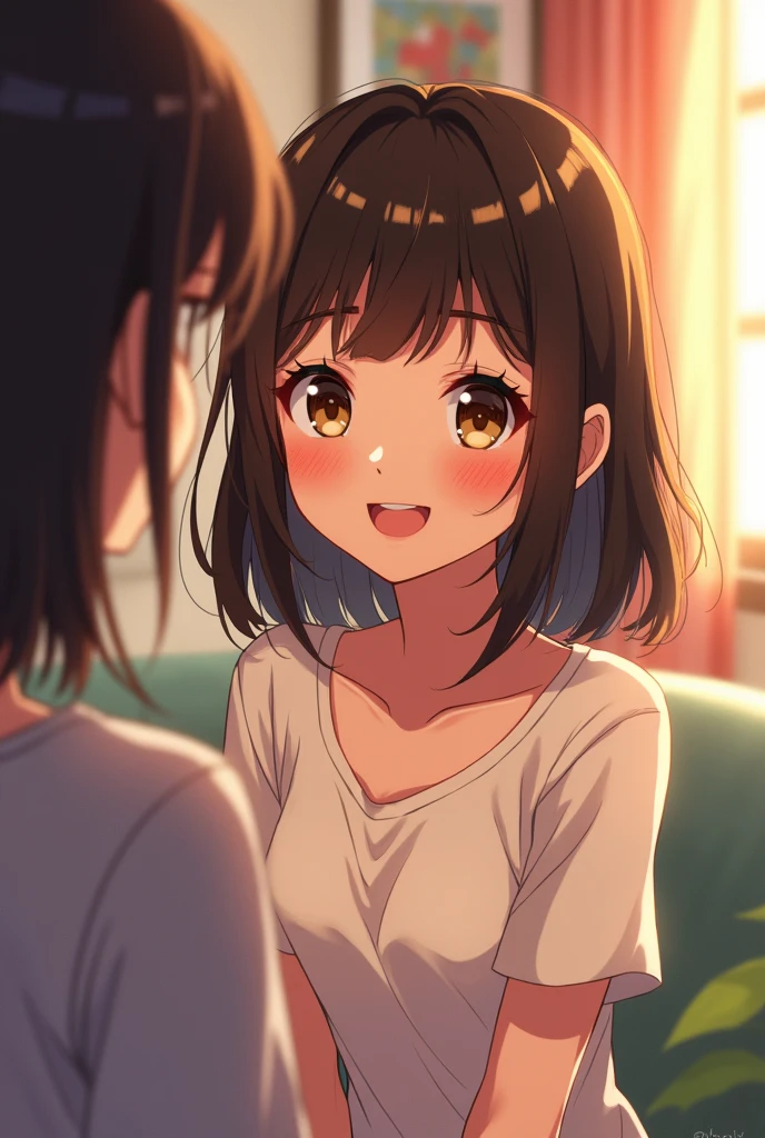 A pretty girl with bright brown eyes, with her channel cut hair and dark brown hair color, with a height of 1'60, talking to a girl in the living room, with radiant smile anime drawing