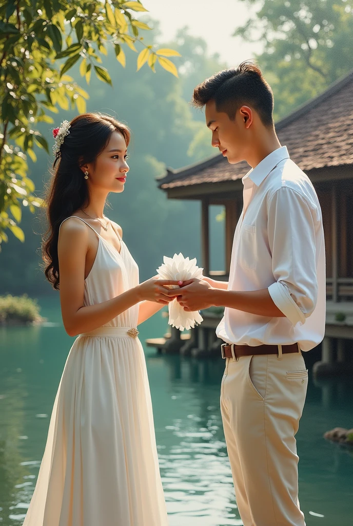 In front of a Thai house by the river, a young woman in a white dress with a beautiful face. She holds a large, beautifully folded white cloth and hands it to a handsome young man with crew cut hair, wearing a white shirt and white pants. He receives the cloth from the young woman. A beautiful Thai house scene, oil painting, three-dimensional painting, art painting by Professor Chalermchai.