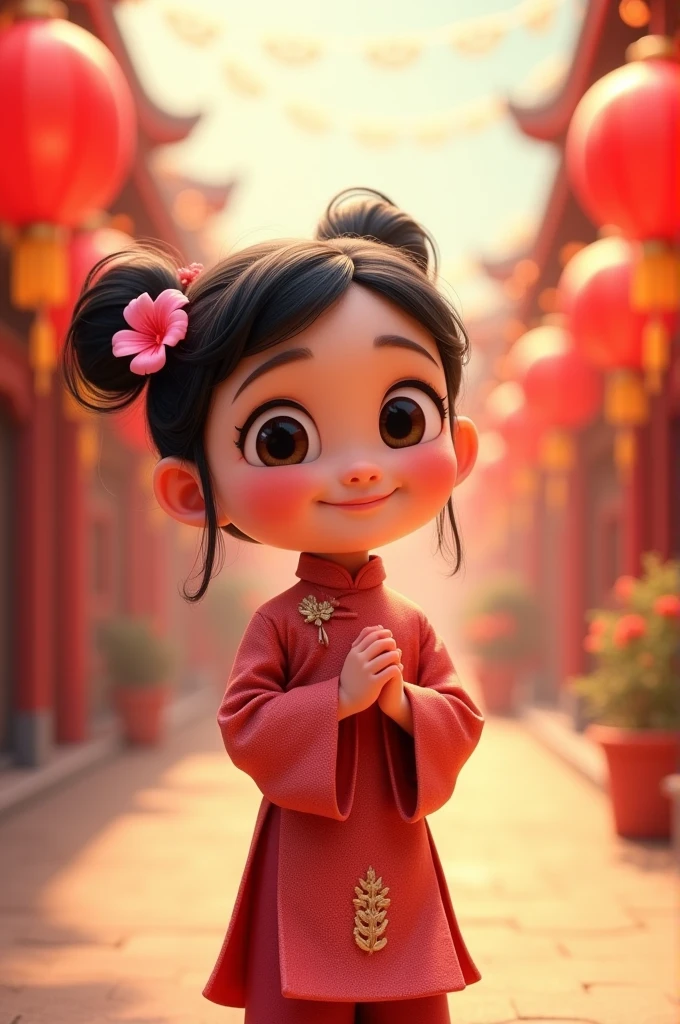 A joyful animated scene of a young girl with large, expressive eyes and a warm smile, dressed in traditional Chinese attire. She stands on a festive street adorned with red lanterns, with soft, warm lighting typical of a Pixar-inspired style. The girl clasps her hands together with a pink flower in her hair, creating a cheerful and vibrant atmosphere.