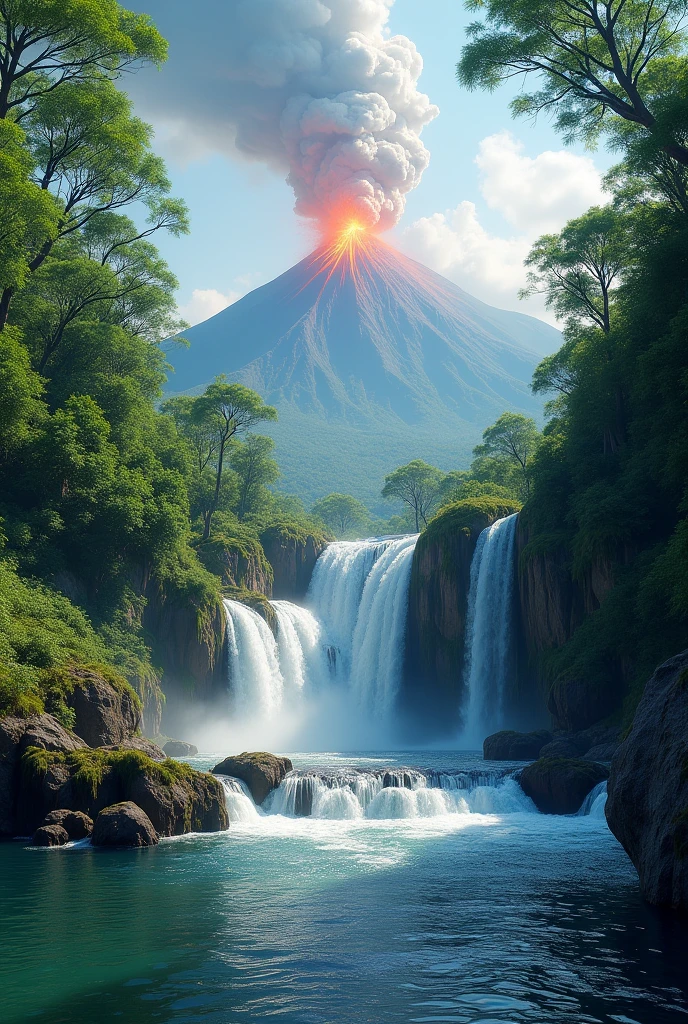 A natural viewpoint at the beginning of a waterfall, and in the background, bem distante, a volcano erupting in the middle of the forest