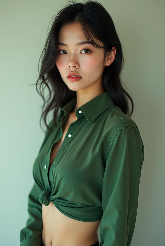 a close up of a woman in a short skirt and a green shirt, a picture inspired by Yanjun Cheng, reddit, arabesque, beautiful asian girl, sexy girl wearing shorts, asian girl, booty shorts, asian women, skinny waist and thick hips, sexy girl, beautiful asian woman, gorgeous young korean woman, wearing tight simple clothes