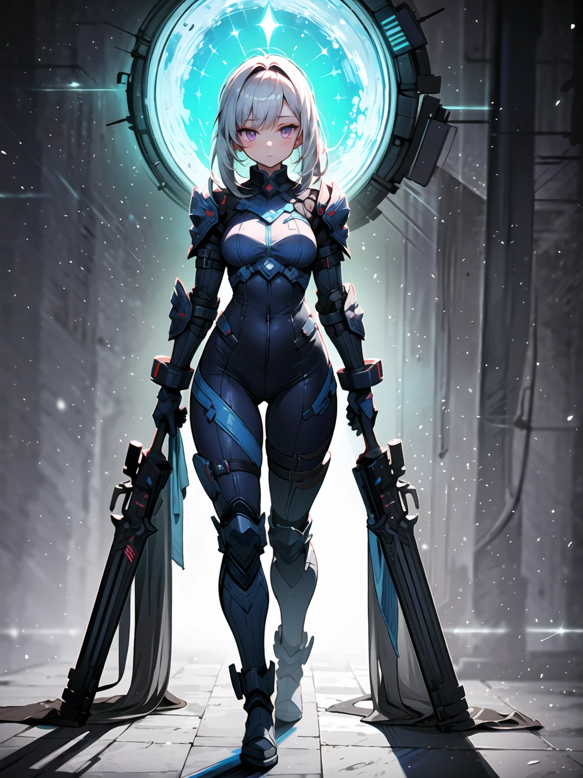 ((Best Quality)), ((Masterpiece)), ((Realistic)) slender, cute girl with medium-length white hair and vibrant purple eyes. She wears a tight-fitting, sleek suit with high-tech boots and chestplates. The outfit includes matching vambraces, all in a futuristic, high-tech design. She wields a high-tech sword, adorned with glowing lights along the blade and hilt. The girl's expression is calm and focused, complementing her stylish, advanced gear.