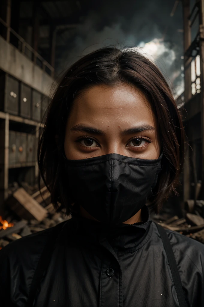 potrait people with red eyes, wearing mask, background of smoke from factory, burned forest