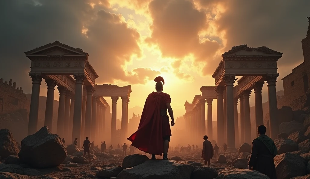 a roman soldier in chaos, people looking up at the sky, ancient rome in ruins, dramatic lighting, cinematic, hyper detailed, 8k, photorealistic, intricate detail, dramatic clouds, moody atmosphere, volumetric lighting, chiaroscuro, dramatic color palette, ominous, imposing architecture, shattered columns, war-torn, epic scale, masterpiece