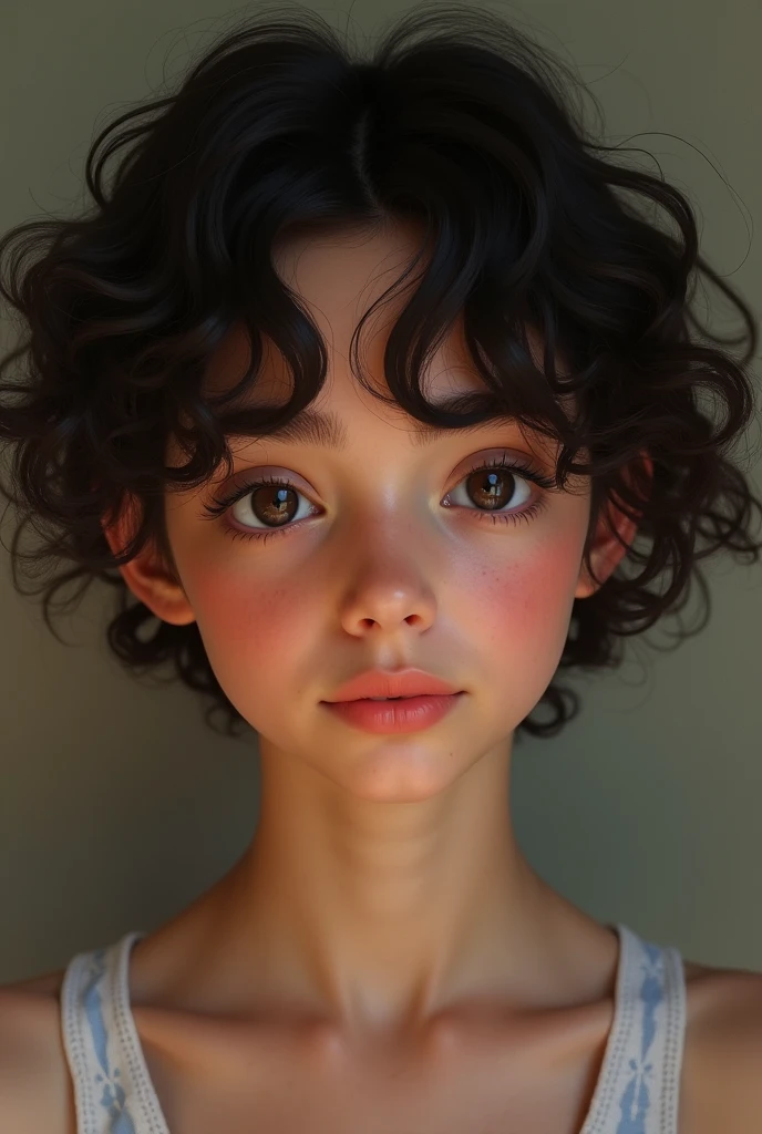 Short black curly hair teenager, dark eyes and brown