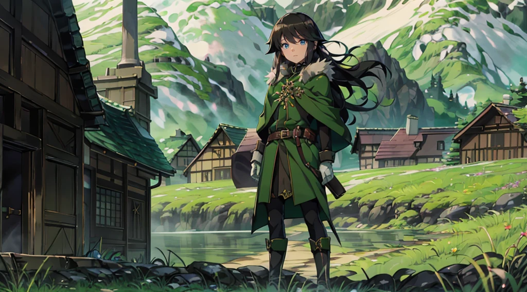 yuichiro hyakuya girl, (WithoutFear:1), 1 girl, black hair, green eyes, brown coat, gray armor, elves, sylvan, green shield, green cloak, dark brown gloves, forest, white fur trim, anime, standing, good quality, portrait, looking at viewer