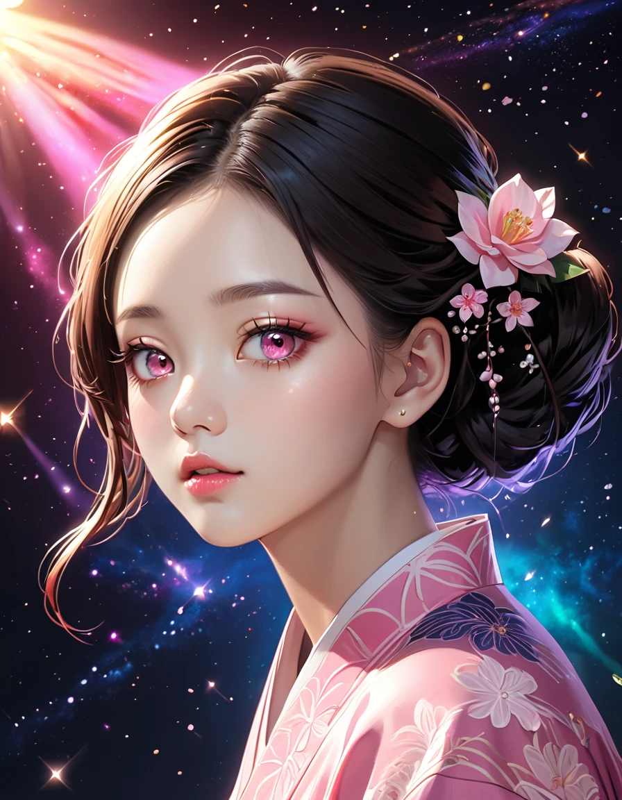 (masterpiece, best quality:1.2), Embossed paper, Solitary,Black LightNezuko from demon slayer. a young woman with long dark hair, (pink eyes), beautiful detailed eyes, beautiful detailed lips, extremely detailed face, longeyelashes, wearing a pink kimono, (best quality,4k,8k,highres,masterpiece:1.2),ultra-detailed,(realistic,photorealistic,photo-realistic:1.37),digital painting,exquisite detail,intricate details,highly detailed,vivid colors,warm lighting,cinematic lighting,dramatic lighting, iridescence, dramatic angle, space, (floating colorful sparkles:1.3), Dramatic Lighting, Chiaroscuro, Evocative Depth, Face Portrait, Close up, ulzzang, (looking at viewer),