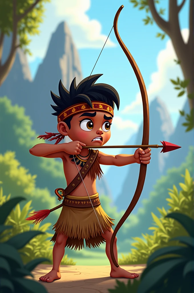 make a cartoon indigenous boy shooting an arrow with an anxious face
