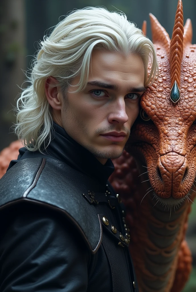 Alex Pettyfer as Targaryen, platinum fur, Violet eyes, shoulder-length hair and a dark orange dragon with no beard and platinum eyebrows