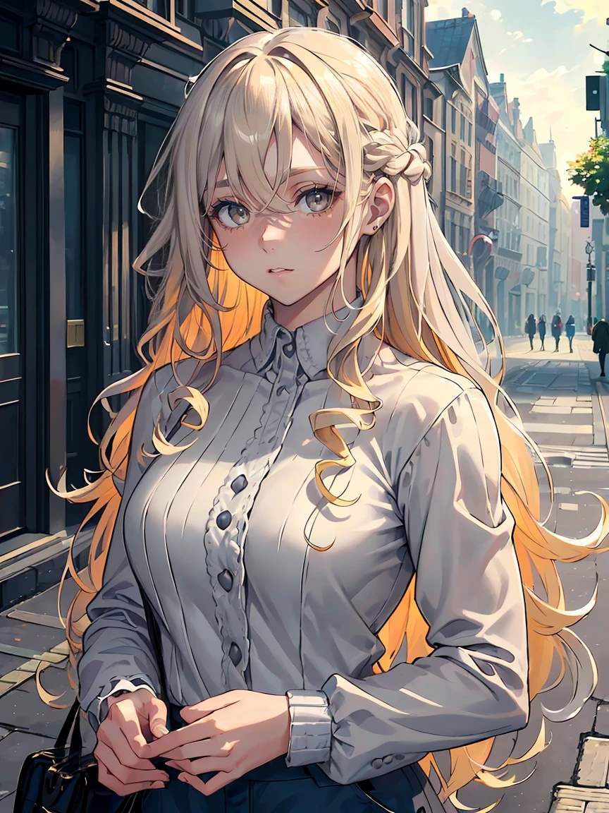 handsome girl, (((Grey eyes))) , Long blonde curly hair，Hyperresolution，accuracy，Detailed rendering，（Subtle facial image）（Image of fine hair）（topquality）（Masterpieces of masters）（High degree of completeness）（A sense of atmosphere）tmasterpiece，Super detailed and super detailed（half-body portrait) (((Casual street clothes)))(((CUTE))) (((sLIGHTLY MUSCULAR)))