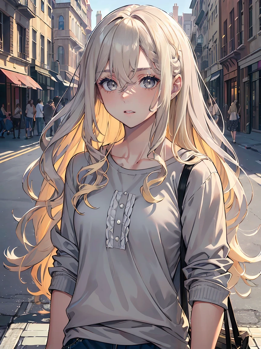 handsome girl, (((Grey eyes))) , Long blonde curly hair,Hyperresolution,accuracy,Detailed rendering,(Subtle facial image)(Image of fine hair)(topquality)(Masterpieces of masters)(High degree of completeness)(A sense of atmosphere)tmasterpiece,Super detailed and super detailed(half-body portrait) (((Casual street clothes)))(((CUTE))) (((sLIGHTLY MUSCULAR)))
