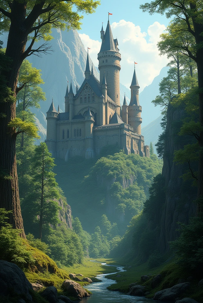 Medieval forest landscape and a castle in the middle of the image