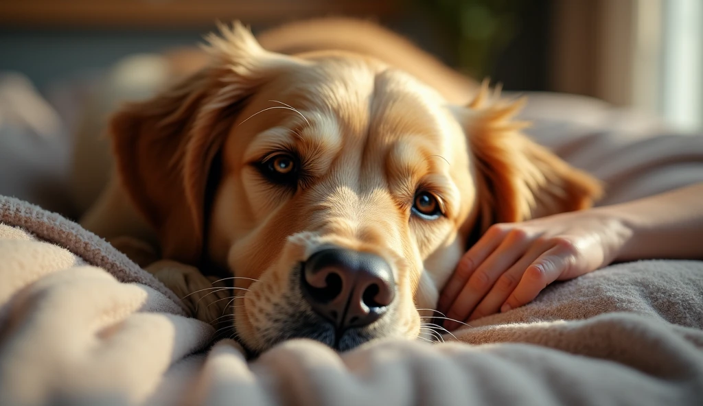 A close-up, ultra-realistic image of an elderly Golden Retriever lying on a soft bed, with a gentle hand stroking its fur. The dog's eyes show a mix of wisdom and calm, and its fur has patches of gray. The background is a cozy, warmly lit living room with blankets and cushions photorealista, 8K, (melhor qualidade,4K,8K,alta resolução.
